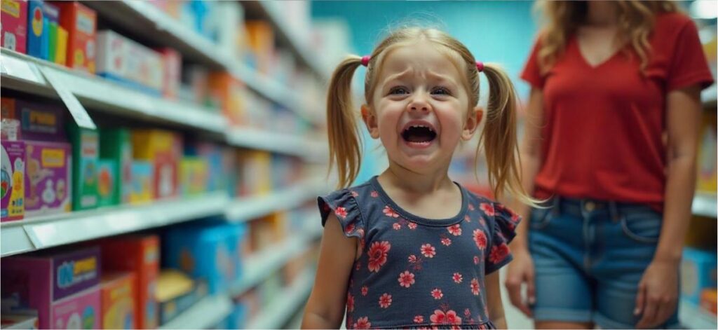 Niña llorando a gritos en una tienda